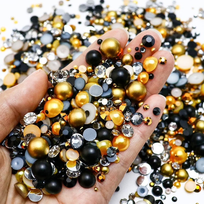 Towenm 60g Mix Flatback Pearls and Rhinestone, 2mm-10mm Mix Rhinestones and Pearls for Crafts Tumblers Shoes Nails Face Art, with Picker Pen, Black|Gold|Yellow - Image 2